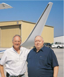 AVIATION PARTNERS CEO JOE CLARK POSES WITH AVIATION EQUIPMENT PRES BILL ROOKE AT CLAY LACY AVIATION VNY (VAN NUYS CA). CLARK CREATED THE BLENDED WINGLET PROGRAM AND ROOKE BUILDS BLENDED WINGLET SHIPSETS FOR THE GULFSTREAM IISP.