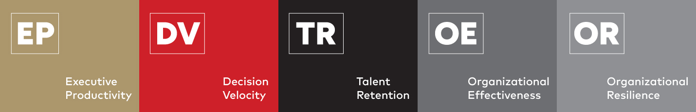 EP: Executive Productivity; DV: Decision Velocity; TR: Talent Retention; OE: Organizational Effectiveness; OR: Organizational Resilience